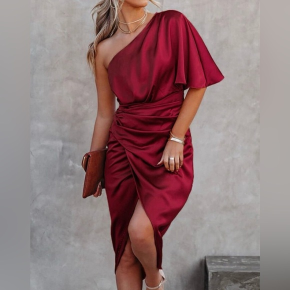 CUPSHE Women's Satin Dress Backless One Shoulder Short Sleeves Midi Sz Small - Picture 4 of 12